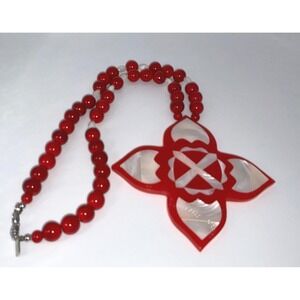 Karla Jordan Red Beaded Necklace 18 Inch‎ 3.5 Inch Flower Pendant Valentine Gift